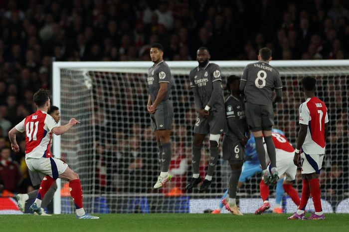 Declan Rice menjadi bintang kemenangan Arsenal atas Real Madrid di Liga Champions, Rabu (9/4/2025) dini hari WIB.