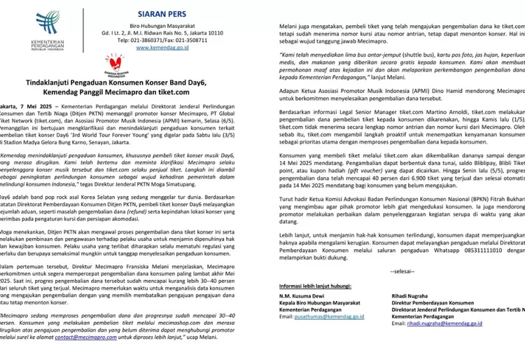 Setelah konser Day6 menuai keluhan dari para penonton, Kementerian Perdagangan mengambil langkah tegas dengan memanggil pihak-pihak terkait. Apa saja hasil pertemuannya? (X @Kemendag)