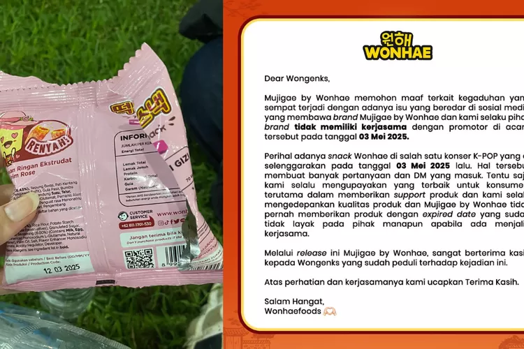 Klarifikasi Mujigae by Wonhae terkait snack kadaluarsa di konser Day6 (X/@dowoonly_ dan @wonhaefoods)