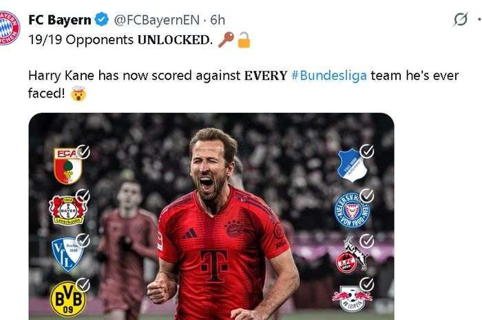 Lewat media sosialnya, Bayern Muenchen merayakan keberhasilan Harry Kane mencetak gol ke gawang semua klub yang dihadapinya di Bundesliga.
