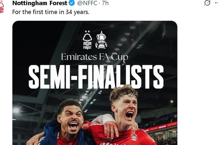 Lewat media sosialnya, Nottingham Forest merayakan keberhasilan lolos ke babak semifinal Piala FA untuk pertama kalinya sejak 1991 pada Sabtu (29/3/2025).
