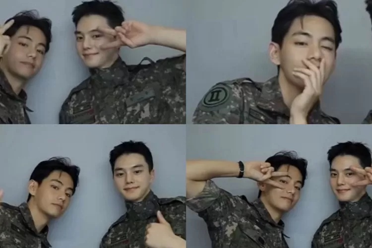 Foto unggahan cerita Instagram resmi milik V BTS yang memperlihatkan dirinya sedang berpose dengan aktor Songkang (Instagram/ @thv)