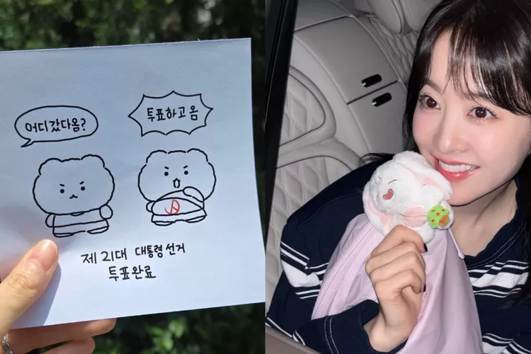 Tak perlu selfie atau foto di TPS, aktris Park Bo Young menunjukkan cara lain yang kreatif dan lucu untuk membagikan momen pemilu. (Instagram @boyoung0212_official)