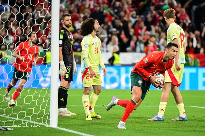 Cristiano Ronaldo mencetak gol dalam laga final UEFA Nations League 2024-2025 antara Portugal kontra Spanyol, Minggu (8/6/2025) di Muenchen.