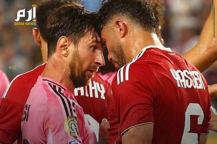 Momen Lionel Messi menanduk Yasser Ibrahim dalam laga Inter Miami melawan Al Ahly di Piala Dunia Klub 2025.