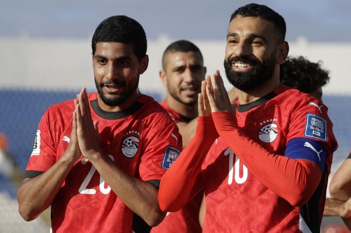 Mohamed Salah merayakan golnya untuk timnas Mesir ke gawang Jibuti pada Kualifikasi Piala Dunia 2026 di Casablanca (8/10/2025). Mesir menang dan lolos ke Piala Dunia.