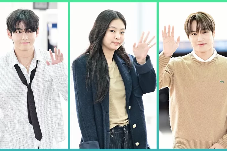 V BTS, Jennie BLACKPINK, dan Kai EXO secara kebetulan muncul pada hari yang sama di bandara Internasional Incheon (Kolase Instagram @koreadispatch)