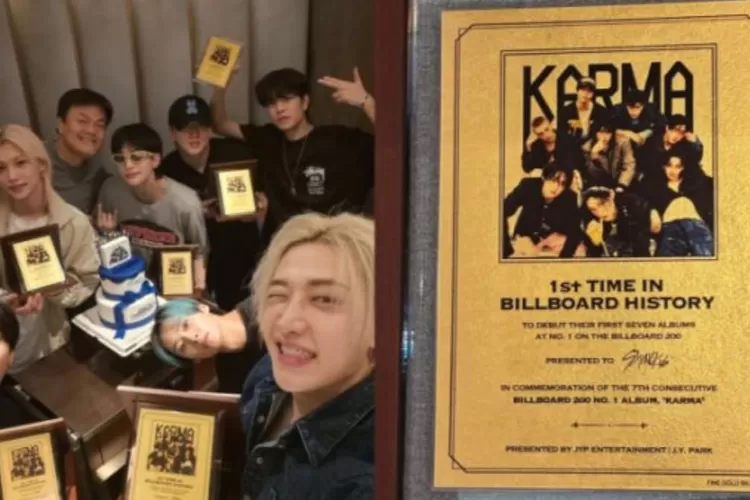 Stray Kids berpose dengan plakat emas 24K pemberian Park Jinyoung, simbol keberhasilan mereka menembus sejarah Billboard. (Kolase foto Instagram @realstraykids)