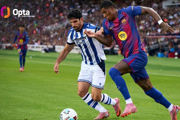 Marcus Rashford turut berkontribusi dalam kemenangan 2-1 Barcelona atas Real Sociedad lewat sumbangan 1 asisnya untuk gol Jules Kounde.